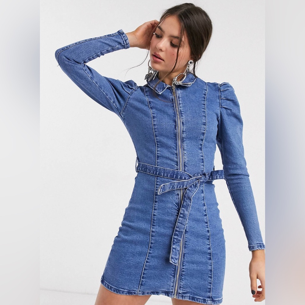 NWT Bershka Shirt Mini Dress Long Sleeve Denim Belted Puffy Sleeves Western sz M